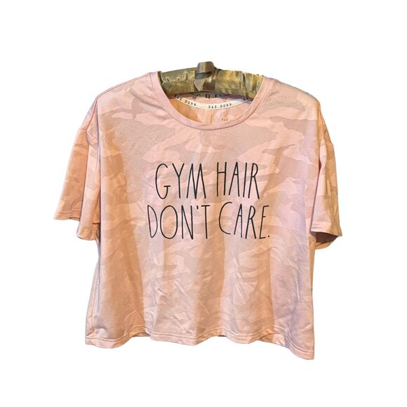GENTLY USED Rae Dunn "Gym Hair Don't Care" Cropped Keyhole Athletic Shirt Size L - Picture 1 of 5